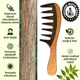 Rufiys Neem Wooden Hair Comb for Women & Men | Hair Growth | Dandruff Remover | Curly Hair Neem Wood Wide Tooth for Detangler