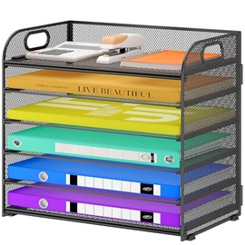 Cawukege Organizador de papel de 6 niveles, bandeja negra con asa, organizador de escritorio de malla, organizador de archivos de metal, accesorios de