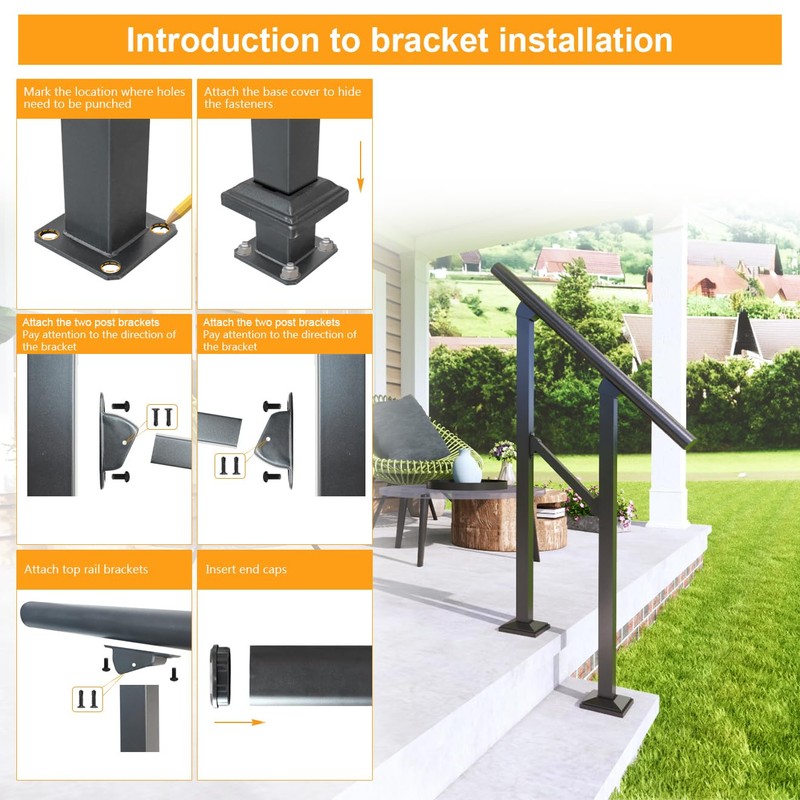 DIYHD 7 Step Handrail for Outdoor,Powder Coated Iron Stair Railing,Black