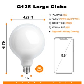 CRLight 15W Dimmable LED Large Globe Bulb 4000K Daylight White, 85W Equivalent 850 Lumen, E26 Base Vintage Edison G125 Large Milky Pearl Opal White Glass LED Filament Light Bulb