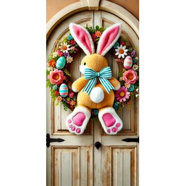 BlissYard Easter Bunny Door Banner 71x35 Inch Easter Bunny Door Cover Wreath Egg Easter Door Banner Accessory Hanging Banner Sign Decoration for Happy Easter Party Favors（Banner,Not a Real Wreath）