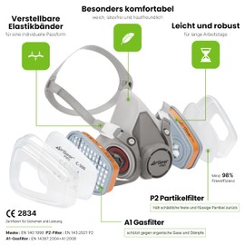 AirGearPro G-500 Respirator Mask with A1P2 Filter, Gas Mask, Dust Filter and Goggles, Dust Mask for Painting, Work, Grinding, Fine Dust