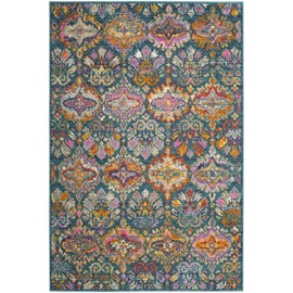 SAFAVIEH Madison Collection Area Rug - 6' x 9', Blue & Orange, Boho Chic Damask Design, Non-Shedding & Easy Care, Ideal for High Traffic Areas in Living Room, Bedroom (MAD144A)