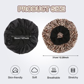 Hair Bonnet for Sleeping, Wide Elastic Band Satin Bonnet Silk Bonnet Shower Cap, Suitable for Long and Curly Hair, Includes 2 Shower Caps + 2 Barrettes (Black + Leopard)