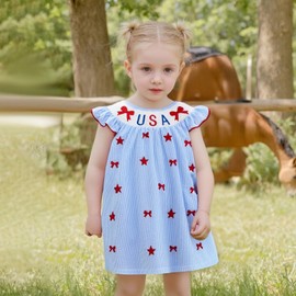 Yxniwxe Toddler Little Kids 4th of July Baby Girl Outfits Smocked Bow USA Embroidery Flutter Sleeve Striped Romper Dress 2-6T (Blue Dress-Bow and USA, 2-3 Years)