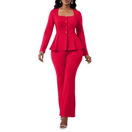 Ekaliy Women's 2 Piece Outfit Square Neck Long Sleeve Peplum Jacket Pants Suits for Women Blazer Suit Red M
