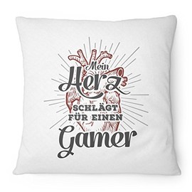 Fashionalarm "Mein Herz schlägt für einen Gamer Cushion - 40 x 40 cm with Filling | Birthday Gift Idea Girlfriend Wife Couples Gamer Gaming, Colour: White