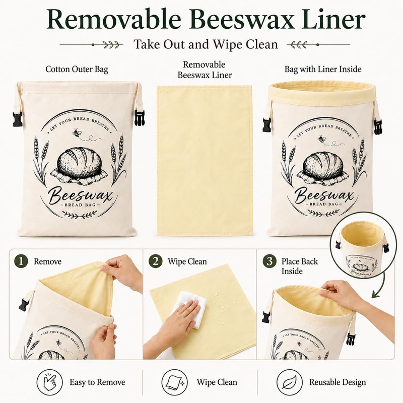 2 Pack Beeswax Bread Bags with Removable Liners
