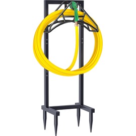 Artigarden Outdoor Garden Hose Holder Freestanding with 4 Spikes, Heavy Duty Metal Water Hose Reel Stand Hanger Rack Organizer Holds Storage 150ft Hose for Outside Yard Lawn, Black