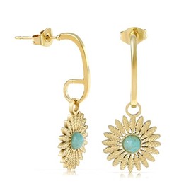 Made by Nami Earrings Gold Hanging Set with Sun Pendant and Gemstone Made of Surgical Stainless Steel Boho Jewellery Women Hypoallergenic Waterproof Jewellery, Stainless Steel, Green Amethyst