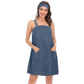 Veseacky Women Terry Spa/Bath Wrap Lightweight Adjustable Closure Spa Towel and Dry Fast (M,Blue-Gray)