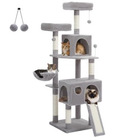 UYMI 64-Inch Large Cat Tree for Indoor Cats, Multi-Level Tall Cat Tower with 2 Soft Top Perches, 2 Caves, 5 Sisal Scratching Posts, 2-in-1 Scratching Ramp, 1 Hammock & 3 Pompoms, Grey