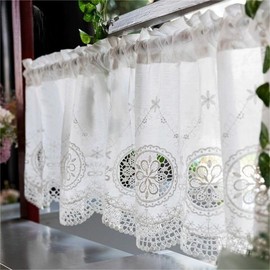 Vordesack Net Curtain with Cotton Embroidery Flowers and Lace Edge Country House Style Bistro Curtain with Rod Pull 1 Piece White H x W 40 x 120 cm