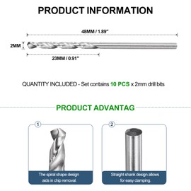 METALLIXITY Drill Bit (2mm) 10Pcs, 4241 High-Speed Steel Straight Shank 118° Uncoated Bright Finish Drill Bit for Wood Plastic Iron Copper Aluminum Low Soft Metal