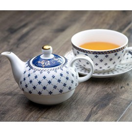 Grace Teaware Porcelain 4-Piece Tea For One (Trellis Blue Gold)
