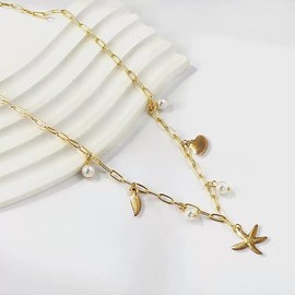YUEXNKO Boho Pearls Layered Necklace, Shell Necklace for Women, Seashell Necklace, Boho Starfish Necklace, Metal, No Gemstone