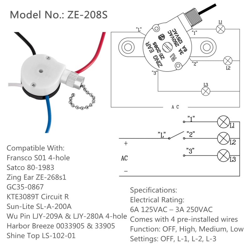 Ceiling Fan Switch Kit Zing Ear ZE-208S E89885 3 Speed