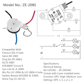 Ceiling Fan Switch Kit Zing Ear ZE-208S E89885 3 Speed 4 Wire Fan Switch Pull Chain Ceiling Fan Switch Speed Control Switch with Rope for Ceiling Fans, Wall Lamps, Cabinet Light, Black Bronze
