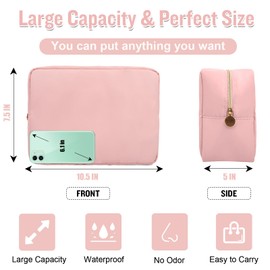 Nylon Large Makeup Bag Travel Pouch for Women, Preppy Big Pink Makeup Bag Cute Cosmetic Zipper Pouch Purse, DIY Chenille Letter Bag Waterproof Toiletry Bag Clutch Makeup Organizer for Women Girl(Pink)