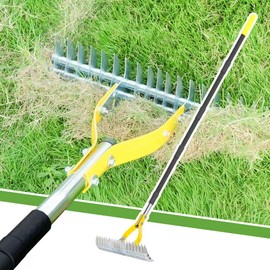 Thatch Rake for Lawn with 74inch Handle, 15 inch Dethatcher Rake for Grass to Cleaning Dead Grass, Efficient Steel Metal Rake for Dethatching, Heavy Duty Thatching Rakes for Garden, Yard