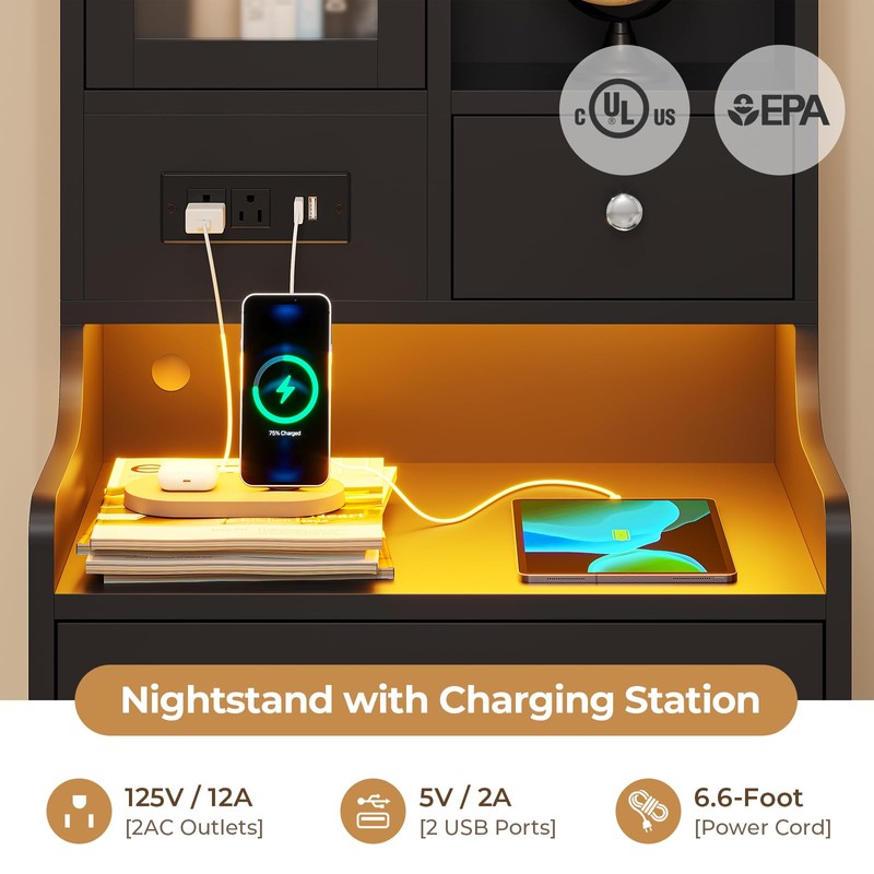 ADORNEVE Tall Night Stand with Charging Station and LED Lights,49.2"