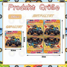 Ovanda Monster Trucks Birthday Napkins, Pack of 24, 33 x 33 cm, Monster Truck Napkins, Racing Car Napkins, Table Decoration, Birthday, Digger Tractor Napkins for Children's Birthday or Theme Party