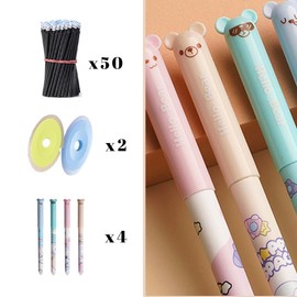 CATOR Erasable Ballpoint Pen, Pack of 4 Colour Rollerball Pens Erasable 0.35 mm Cartoon Erasable Pen with 50 Refills and 2 Erasers Gel Pens for Children Students School Office