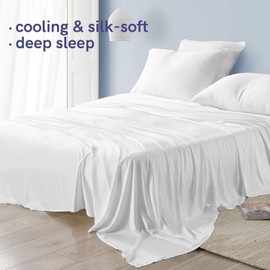 YnM Cooling Bed Sheet Set with 100 Percent Rayon Derived from Bamboo, 400TC Fabric with 2 Pillowcases and Flat Sheet, Deep Pocket Fit 19'', Silky-Soft & Sweat Wicking, 4 Piece (Ca King, White)
