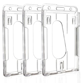 Hard Plastic Badge Holder, FadyRaye Clear ID Badge Name Card Holder with Easy Access Thumb Slot, Transparent PC Case for Office School IDs, Driver's Licenses and Passes, Vertical Style, 3 Pack