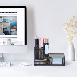 SELPONT Desk Pencil Holders Desk Organizer Office Supplies Caddy with Sticky Notes Holder for Office School Home 3 Compartments Black