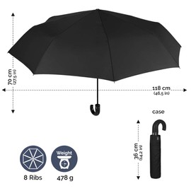 Perletti Technology Golf Pocket Umbrella Men's Open Automatic Umbrella Storm Proof Windproof Large XL with Fibreglass Classic Men's Umbrella PFC Free Diameter 118 cm Black, black