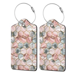 2 Pack Luggage Tag for Suitcases, Gray Red Hexagon Marble Leather Baggage Tags Identifiers for Travel, Stainless Steel Loop Name ID Label for Women Men Bag Backpack