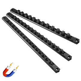 Reniteco Magnetic Socket Organizer, 3-Piece Heavty Duty Aluminum Socket Holder, Socket Rail for Tool Box, Premium Quality 360° Swivel Socket Rack Kit with 40 Clips for 1/2, 3/8, 1/4-Inch(Black)