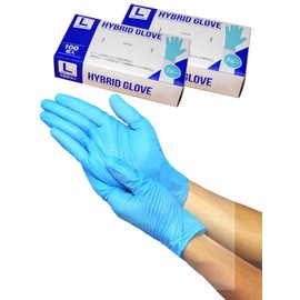Meisei Hybrid Gloves, Nitrile + PVC Gloves (100/300/500/2000 Pieces), S/M/L, Powder Free, Blue (2 Boxes (200 Sheets), L