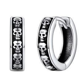 Silver Skull Hoop Earrings Gothic Punk Skeleton Huggie Hoops Ear Charms for Men Women