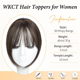 WKCT Hair Topper with Bangs Clip, 360° 3D Cover Hair Toppers for Women with Thinning Hairs, 10 Inch Straight Clip in Bangs Hairs Piece for Women Daily Wear (6Q#-Chestnut Brown)