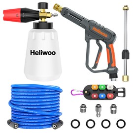 Heliwoo Pressure Washer Gun with Foam Cannon & 50ft Power Washer Hose, 3600PSI Pressure Washing Kit with 15" Extension Wand & 7 Nozzle Tips, 3/8'' Quick Connector & M22 15mm/14mm Fittings