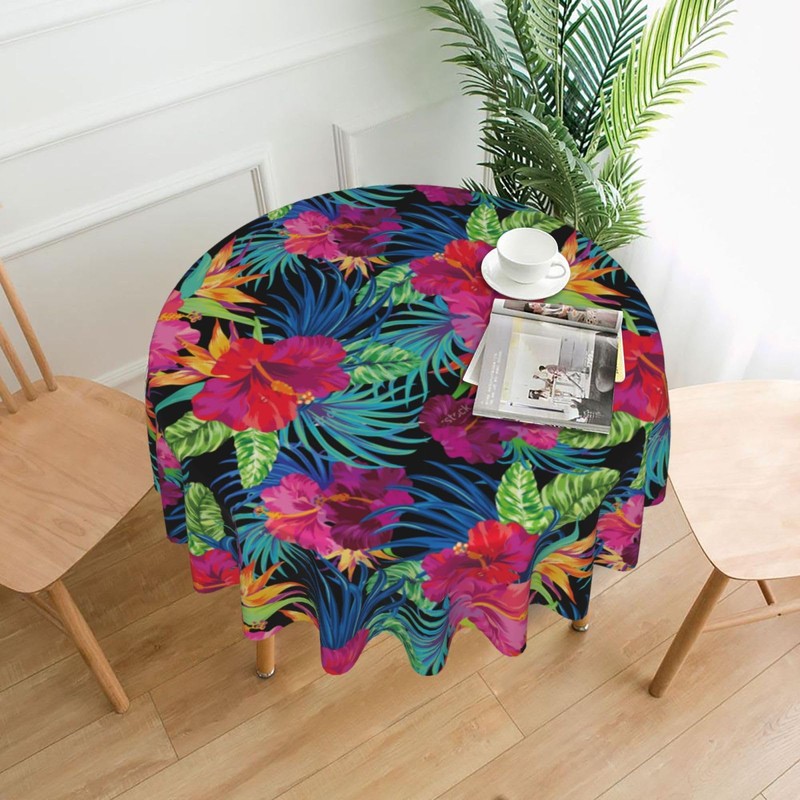 mutakin Tropical Leaf Round Tablecloth 60 Inch Washable Reusable Decoration