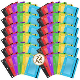 Pencil Pouch for 3 Ring Binder, 72 Piece Bulk 3 Holes Zipper Pencil Pouches in 6 Assorted Colors, Clear Durable Pencil Case for School, Classroom, Office Supplies