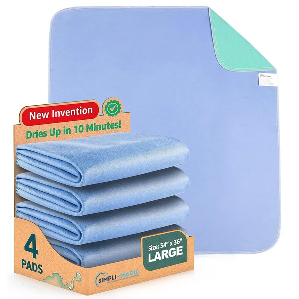SIMPLI-MAGIC Washable Underpads, 34x 36 (Pack of 4) - Heavy Absorbency Reusable Bedwetting Incontinence Pads for Kids,Adults,Elderly,andPets - Waterproof Protective Pad for Bed,Couch,Sofa,Floor