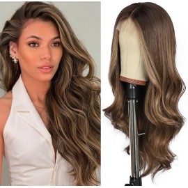 HD Lace Front Wig Human Hair Blend Highlights  Wavy Curly Platinum Medium Brown