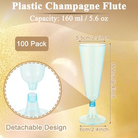 LDHHYH 100 Pack 160 ml / 5.6 oz Plastic Champagne Flutes, Clear Blue Champagne Flutes, Disposable Champagne Glasses for Party & Wedding