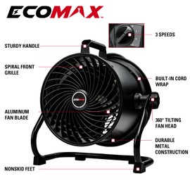 ECOMAX 10-Inch High-Velocity Drum Air Circulator Fan, Heavy-Duty Shop Fan with 3-Speed & 360° Tilting Floor Fan for Warehouse, Industrial, Workshop