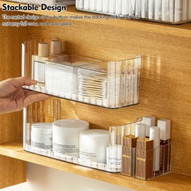 Poeland - Bandeja organizadora de maquillaje apilable, transparente con 2 fundas para lápices labiales y 2 cajas de almohadillas para orejas de algodón para hisopos, organizador de cambiador de baño