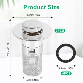 Pack of 2 Sink Plugs, Drain Plug, Sink, Universal Sink Plug, Plug with Strainer for Sink, Floor Drain Filter Made of Stainless Steel, Pop Up Drain Valve for 34-40 mm Drain Hole