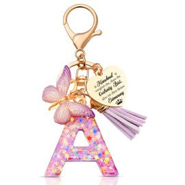 Anruzon Girls' Keyring - Letter Key - Pendant Butterfly Keyring - School Gift - Party Bag - Keychain Gift for Children, Girls, Women - Pink, Pink, S