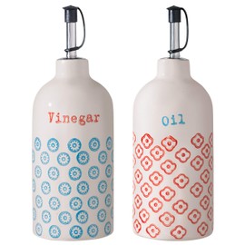 Bloomingville Essig-Öl-Set Emma Retro Essig und Öl Flaschen Set ø 7 H 20 cm, blau rot, Keramik, 2er Set, fasst ca. 400 ml