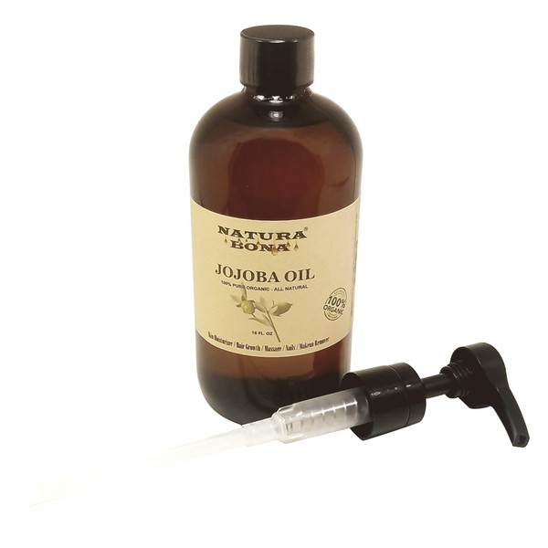 Narura Bona's Pure Organic Moisturizing Jojoba Oil for Skin, Hair, Massage and Nails (BIG 16 Oz Amber Glass Pump Bottle) - Rejuvenating Anti-Aging Organic Oil