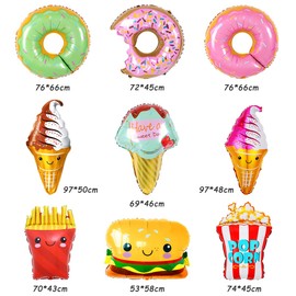 Pack of 9 Donut Balloons, Giant Foil Balloons, Ice Hamburger Frits, XXL Helium Balloons, Ice Cream, Popcorn Balloons, Decoration Set for Girls, Boys, Summer, Sweet Food, Birthday, Children's Party