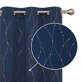 Deconovo Blackout Curtains Grommet Top Thermal Insulated Wave Line and Dots Gold Foil Printed Noise Reducing Window Drapes for Kitchen 42 x 72 Inch Navy Blue Set of 2 Panels